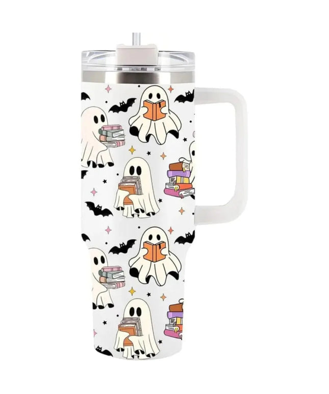 Ghost Reading Tumbler 40Oz With Handle - Halloween Kitchen Decor, Book Reader Gift For Friend,Gift For Mom, Dad, Sister