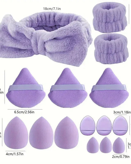 15pcs Combination Triangle Powder Puff Beauty Makeup Puff Set Women Make Up Tools With 1pc Bowknot Headband and 2pcs Wristbands
