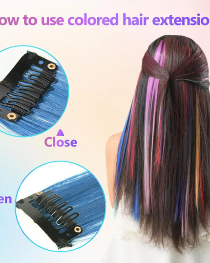 Multi-colors  Clip in Synthetic Hair Extensions 22 inch Rainbow Hairpieces for Girls Women Kids Favor Gift(Colorful Set)