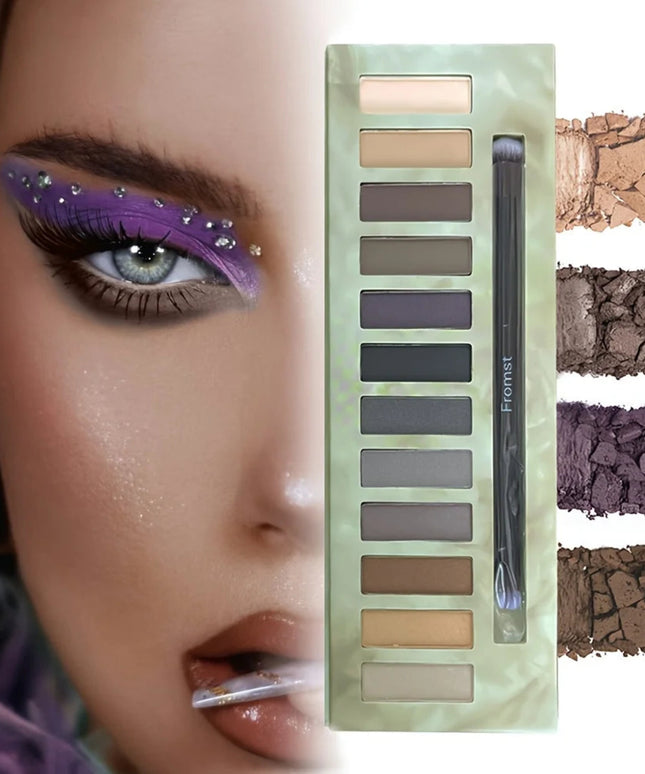 12-color eyeshadow palette, mirror packaging, pearlescent shimmer, stage makeup effect, long-lasting, easy to apply, waterproof