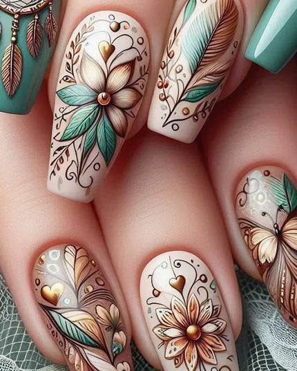 24pcs/set Medium long fake nails for women Spring summer flowers butterfly bee design faux ongles tips press on false nail art