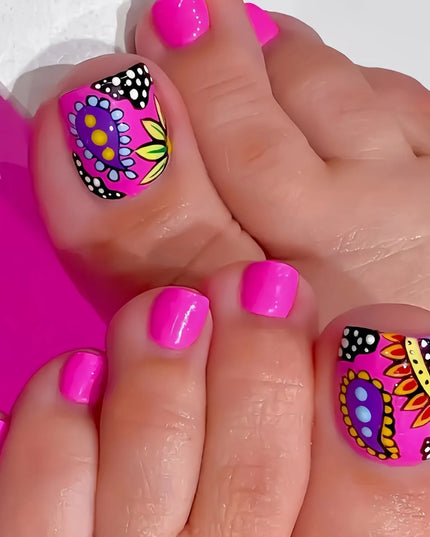 24pcs/set short square toe nails Colorful Flower summer fake nail tips glitter rhinestones floral press on false nail art kit