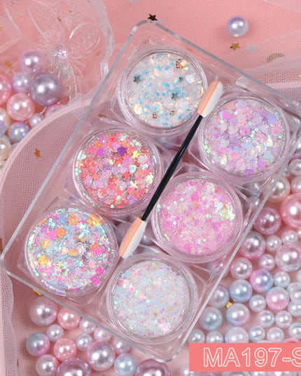 6 jars/set Eyeshadow Glitter Gel Cream Face Hair Body Nail Glitter Gel Heart Star Moon Loose Sequins Festival Makeup Decorations