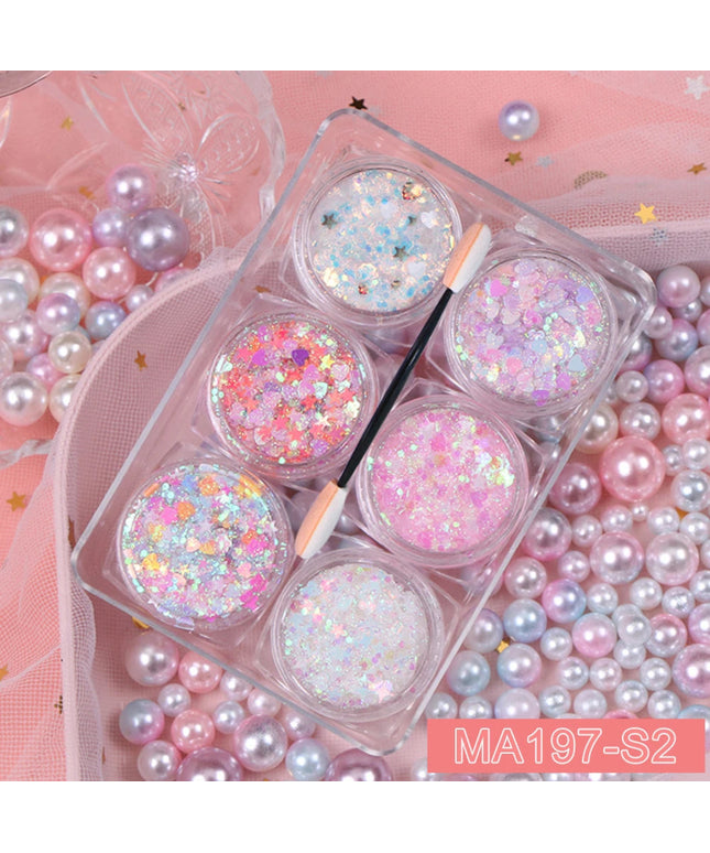 6 jars/set Eyeshadow Glitter Gel Cream Face Hair Body Nail Glitter Gel Heart Star Moon Loose Sequins Festival Makeup Decorations