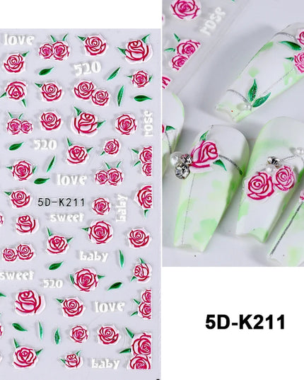 Red Rose Flower Nail Art Stickers 5D Embossed Self-Adhesive Spring Flowers Leaves Design Decals for Women Valentine Decoration