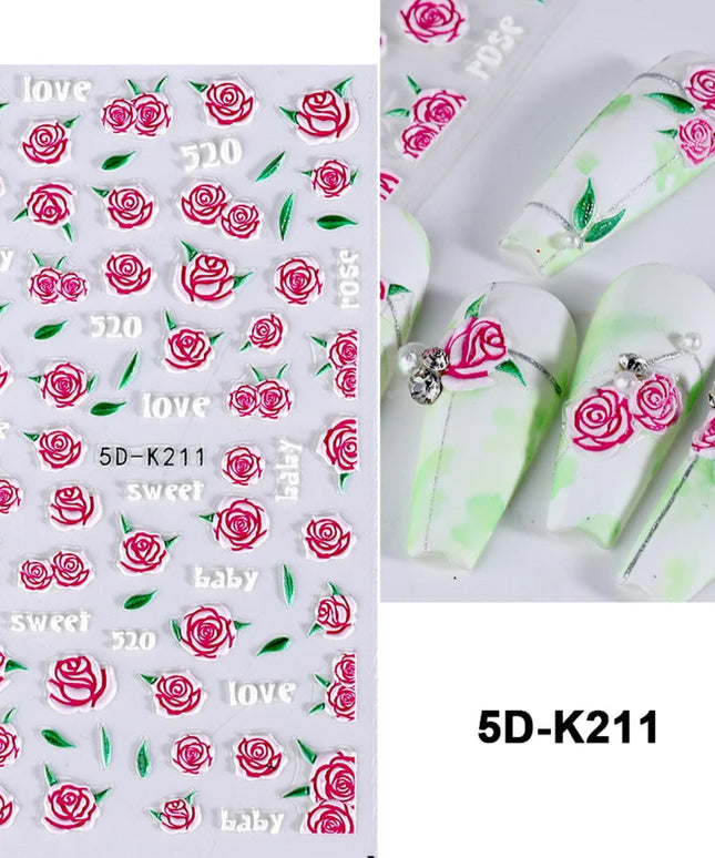 Red Rose Flower Nail Art Stickers 5D Embossed Self-Adhesive Spring Flowers Leaves Design Decals for Women Valentine Decoration