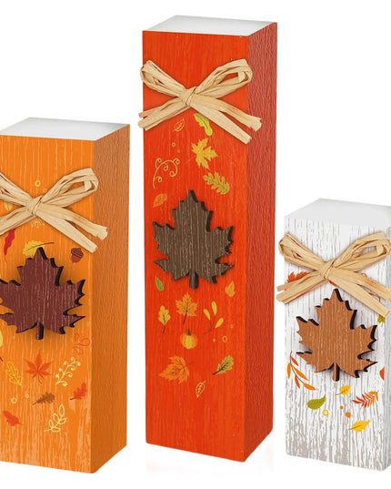 Rustic Autumn Tabletop Decor Set with Wooden Standing Blocks and Letter Print Signs for Tiered Trays 3 Pieces