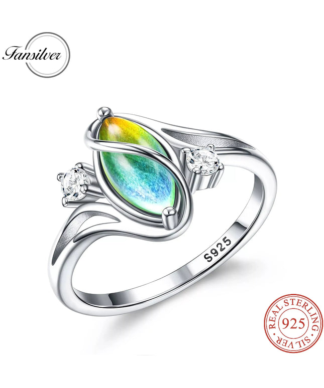 Fansilver 925 Sterling Silver Mood Rings for Women Cubic Zirconia Accents 18K Gold Plated Oval Solitaire Statement Silver Rings