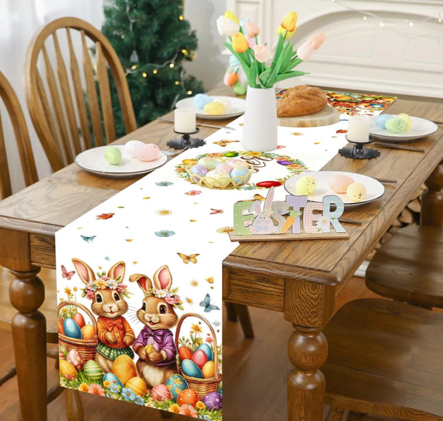 Easter Bunny Eggs Table Runner Holiday Party Decor Washable Spring Flowers Kitchen Dining Tablecovers Easter Decorations 2026