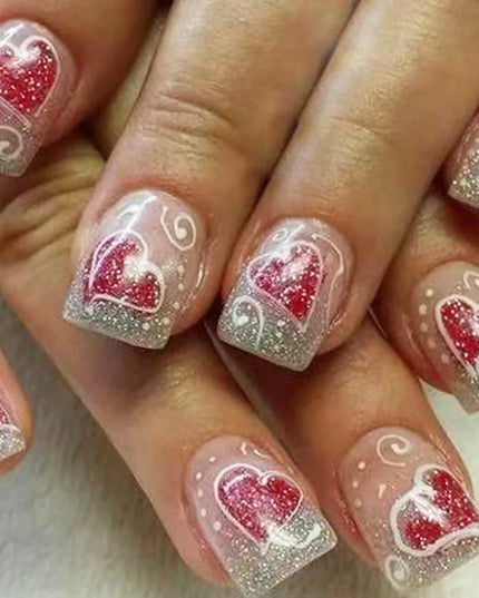 24pcs French Press on Nails Red Love Pattern False Nails Wearable Stick-on Nails Fake Nail Uñas Postizas Накладные Ногти 네일팁