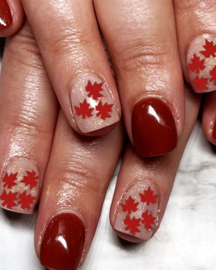 24pcs French Press on Nails Leaf Pattern False Nails Simple Wearable Stick-on Nails Fake Nail