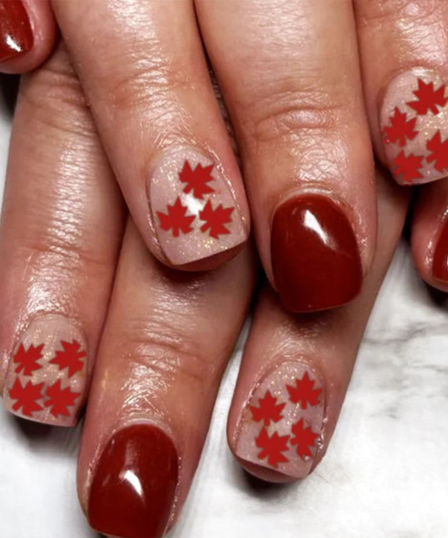 24pcs French Press on Nails Leaf Pattern False Nails Simple Wearable Stick-on Nails Fake Nail