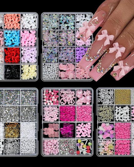 12 Grid Nail Resin Bowknot Bear Nails Art Charms Bowknots Heart Flower Kawaii Diy Decor Lollipop 3D Manicure Rhinestone Tools