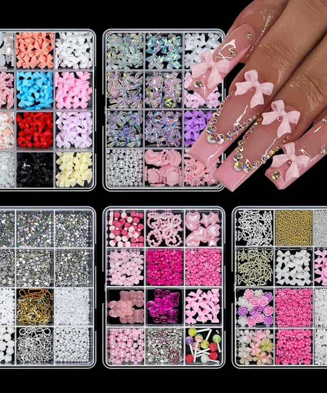 12 Grid Nail Resin Bowknot Bear Nails Art Charms Bowknots Heart Flower Kawaii Diy Decor Lollipop 3D Manicure Rhinestone Tools
