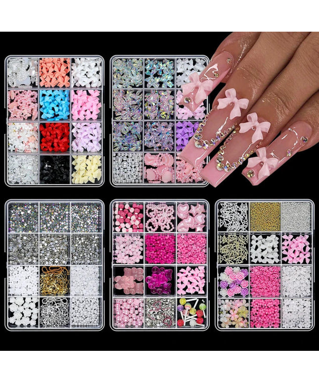 12 Grid Nail Resin Bowknot Bear Nails Art Charms Bowknots Heart Flower Kawaii Diy Decor Lollipop 3D Manicure Rhinestone Tools