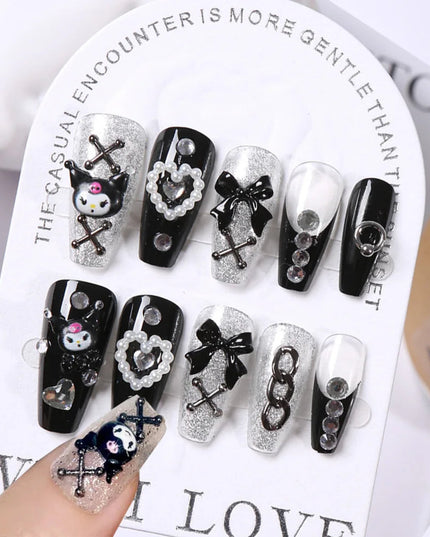 24Pcs Pink French Leopard Hello Kitty False nails 3D Y2k Star Heart Kitty Cat Rhinestones Press On Nails Cute Cartoon Fake Nails