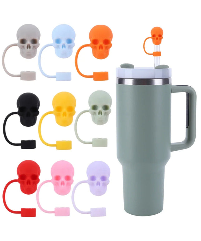 Silicone Cute Skull Straw Covers 10mm Skull Shape Straw Caps Reusable Halloween Skull Straw Toppers for Stanley 30&40 Oz Tumbler