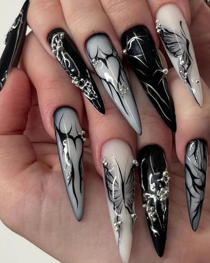 24Pcs Horror Comic Tomie Press on Nails Almond Glossy Black Japanese Anime Nails Reusable Halloween False Nail Tips for Girls