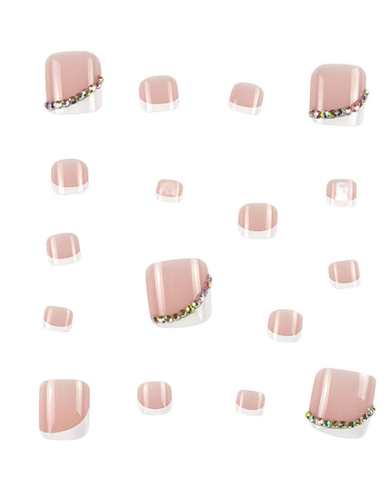 Nude Color False Toenail with Rhinestones Short Square Style Glossy False Nail with Glue for Women and Girl Party Activity