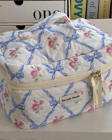 Cute Bow Flower Quilting Cotton Makeup Bag Women Zipper Cosmetic Organizer Female Cloth Handbag Portable Toiletry Case for Girls