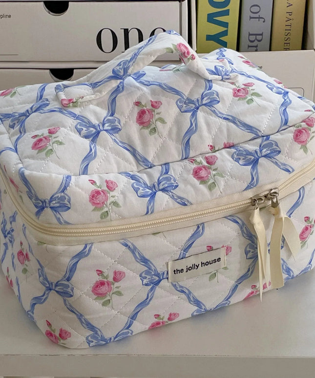 Cute Bow Flower Quilting Cotton Makeup Bag Women Zipper Cosmetic Organizer Female Cloth Handbag Portable Toiletry Case for Girls