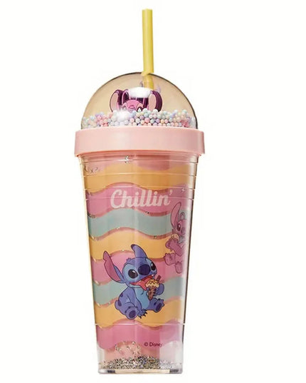 420ml MINISO Disney Lilo & Stitch Angel Couple Cartoon Double Layer Plastic Water Cup Straw Mugs Portable Gift for boy and girl
