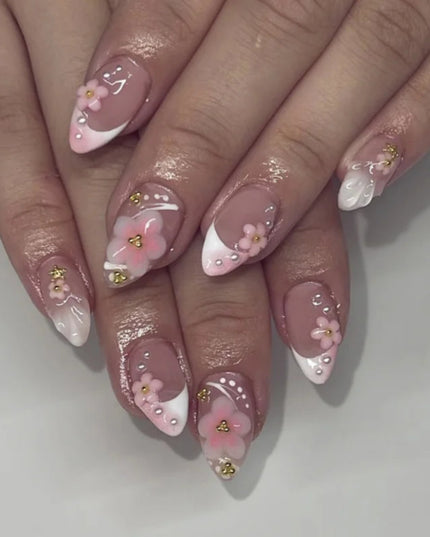 24pcs Almond False Nails Tips Summer Beach Colorful Nails Sets with Pearl Flower Design Press on Nails Art Wearable Fake Nail