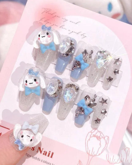24Pcs Pink French Leopard Hello Kitty False nails 3D Y2k Star Heart Kitty Cat Rhinestones Press On Nails Cute Cartoon Fake Nails