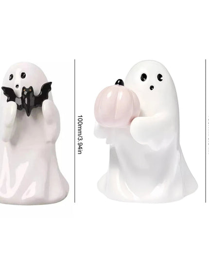 2Pcs Cute Ghost Hold Pumpkin Statue Spooky Resin Ghost Bat Figurine Spooky Ghost Desktop Sculpture Halloween Home Office Decor