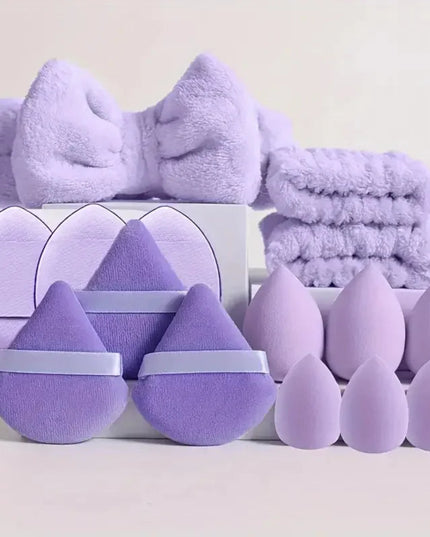 15pcs Combination Triangle Powder Puff Beauty Makeup Puff Set Women Make Up Tools With 1pc Bowknot Headband and 2pcs Wristbands