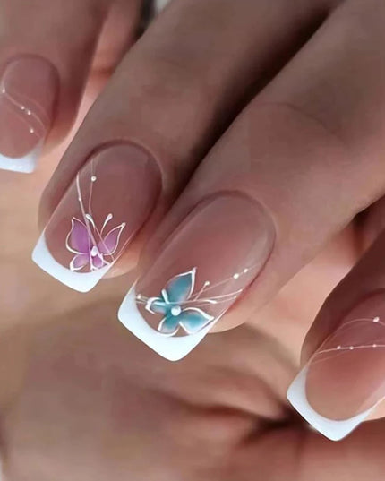 24 PCs Short French Minimalist Butterfly Line Nails with 1 Jelly Gel and 1 Nail File