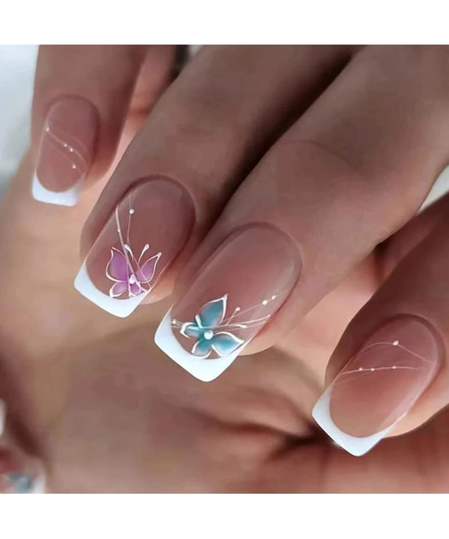 24 PCs Short French Minimalist Butterfly Line Nails with 1 Jelly Gel and 1 Nail File