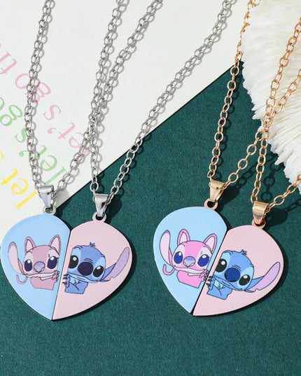 Disney-Stitch Heart Necklace for Couple, Gold and Silver Color, Angel and Stitch, Cute Style , Jewelry Pendant, Gift for Girl, 1