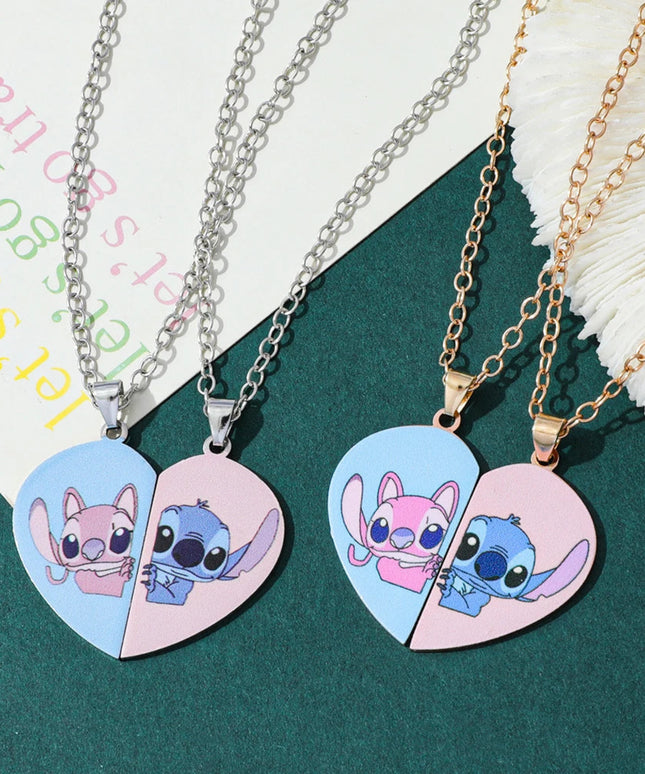 Disney-Stitch Heart Necklace for Couple, Gold and Silver Color, Angel and Stitch, Cute Style , Jewelry Pendant, Gift for Girl, 1