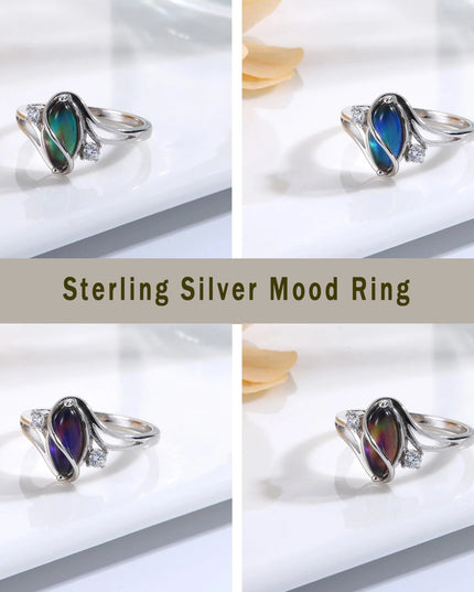 Fansilver 925 Sterling Silver Mood Rings for Women Cubic Zirconia Accents 18K Gold Plated Oval Solitaire Statement Silver Rings