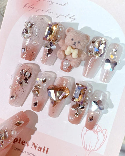 24Pcs Pink French Leopard Hello Kitty False nails 3D Y2k Star Heart Kitty Cat Rhinestones Press On Nails Cute Cartoon Fake Nails