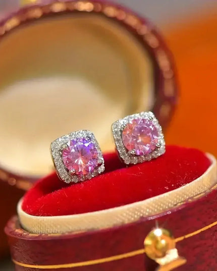 925 Silver Plating. 1 Carat Pink Moissanite* 2, Fashionable Earrings for Men and Women