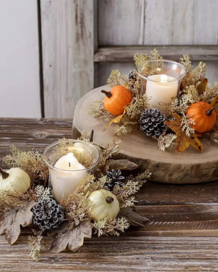 Fall Candle Ring 9.8Inch Maple Leaves Harvest Day Wreath Ring Holder Small Wreath Pillar Candle Holder Farmhouse Wreath Festival