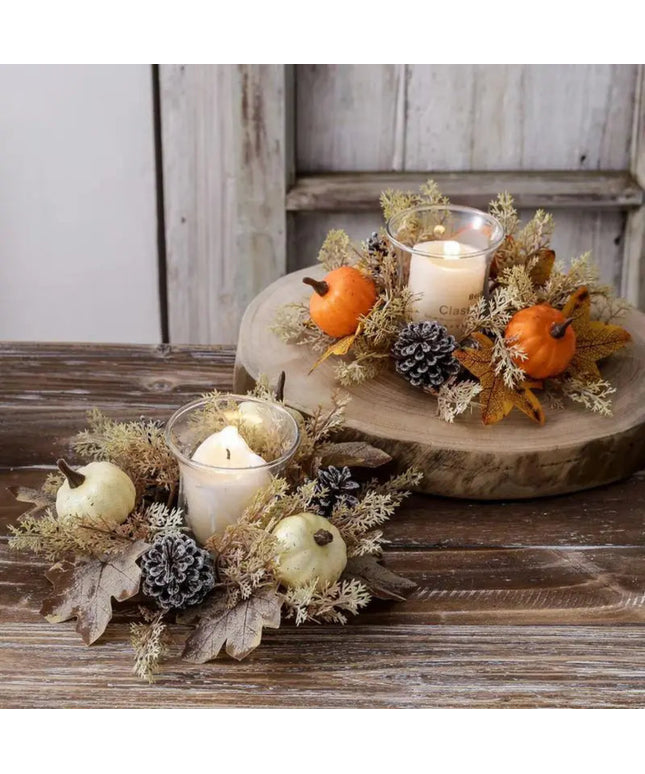 Fall Candle Ring 9.8Inch Maple Leaves Harvest Day Wreath Ring Holder Small Wreath Pillar Candle Holder Farmhouse Wreath Festival