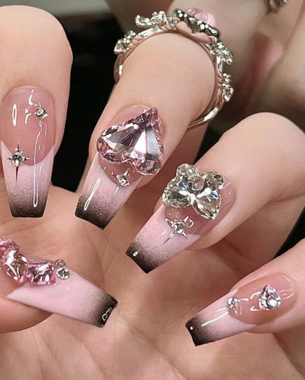Black Y2K Press on Nails Long Coffin Pink Fake Nails with Diamond Designs Gradient Color Wearable False Nail for Women 2025 New