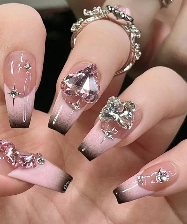 Black Y2K Press on Nails Long Coffin Pink Fake Nails with Diamond Designs Gradient Color Wearable False Nail for Women 2025 New