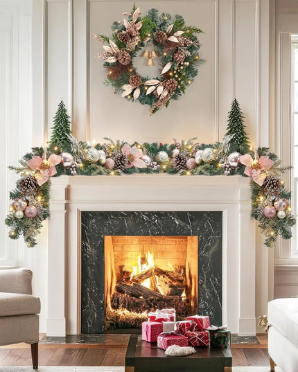 Christmas Garland with Lights, 6ft Pre Lit Outdoor Xmas Garland with Timer 20 LED Lights Pinecones Rose Gold Ball Ornaments