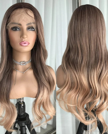 Body Wave Lace Front Wig Highlight Ash Blonde Lace Frontal Synthetic Wigs Pre Plucked Long Wavy Synthetic Lace Wig for Women