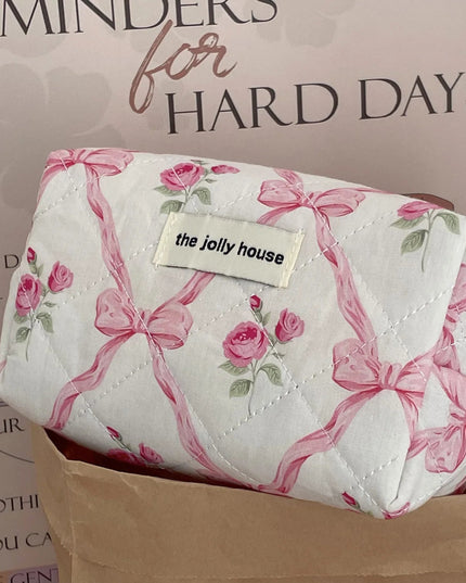 Cute Bow Flower Quilting Cotton Makeup Bag Women Zipper Cosmetic Organizer Female Cloth Handbag Portable Toiletry Case for Girls