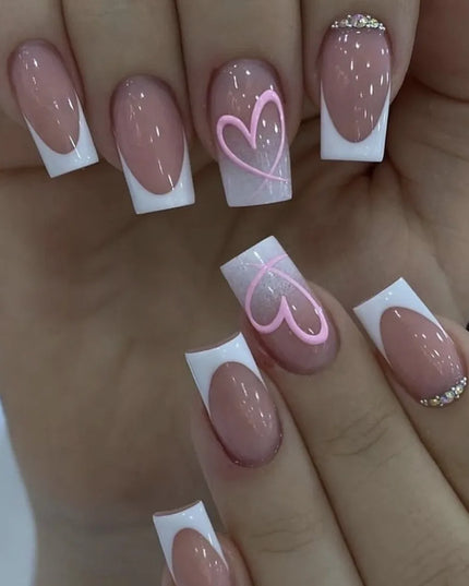 24pcs White French Chrome Press on Nails Medium Coffin Fake Nails Glitter Diamond Pearls False Nails Pink Bowknot Heart Nail Art