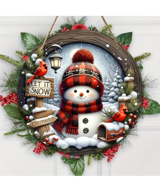 Natural Wood Grain 7.9" Christmas Wreath Decoration Wooden Hand-Sanded Snowman Wall Door Home Door Plate Hanging Ornament Decor