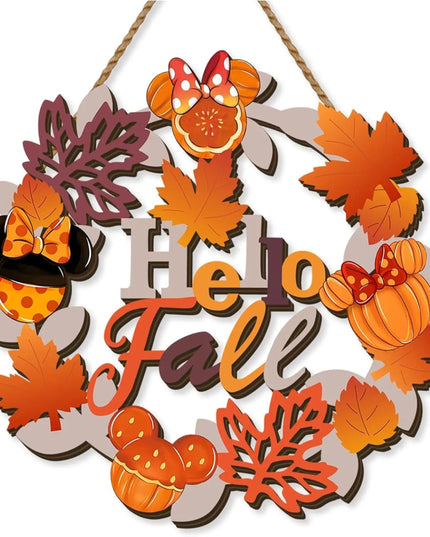 Thanksgiving Wooden Door Hanging - Whimsical Cartoon Mouse Fall Sign with Autumn Wreath & Maple Decor for Front Entryway