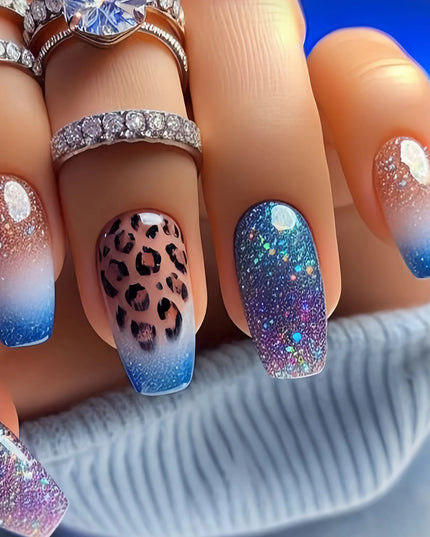 Medium long fake nails for women girls Y2K colorful gradient leopard print Pink green coffee coffin tips press on false nail set