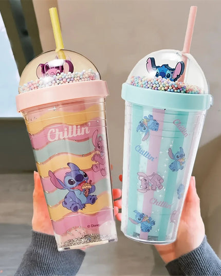420ml MINISO Disney Lilo & Stitch Angel Couple Cartoon Double Layer Plastic Water Cup Straw Mugs Portable Gift for boy and girl