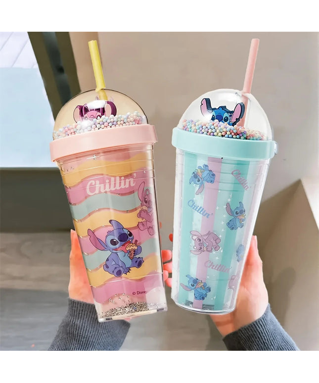 420ml MINISO Disney Lilo & Stitch Angel Couple Cartoon Double Layer Plastic Water Cup Straw Mugs Portable Gift for boy and girl
